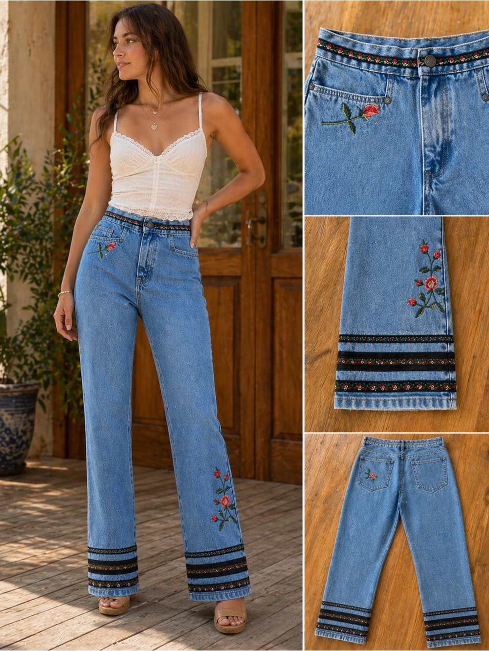 Vintage Bill Blass Embroidered Jeans High Rise Straight w/ Small Flare Size 8 - Picture 8 of 8